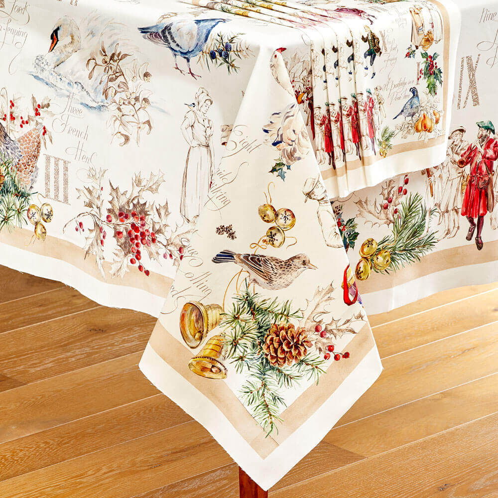 12 Days of Christmas  Tablecloth Accompanied by a set of 4 Napkins and Two Tea Towels