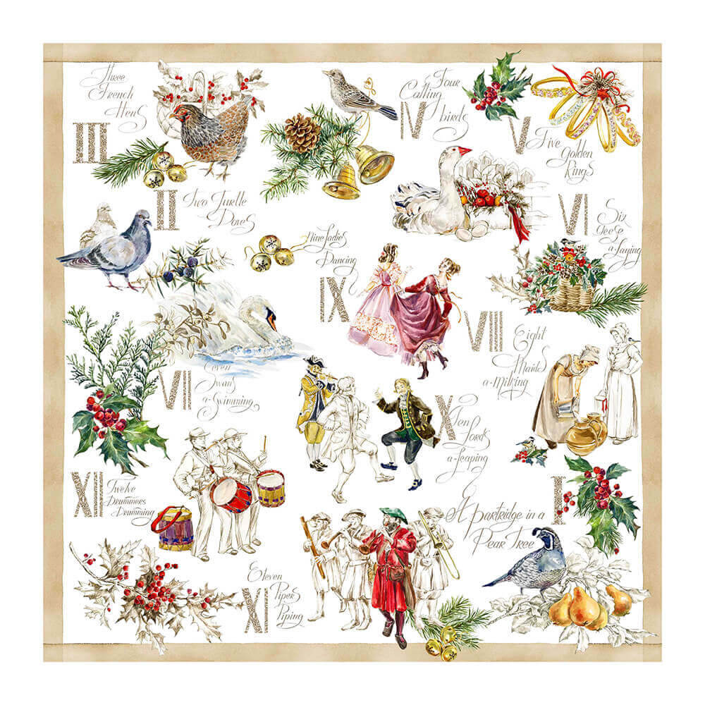 12 Days of Christmas  Tablecloth Accompanied by a set of 4 Napkins and Two Tea Towels