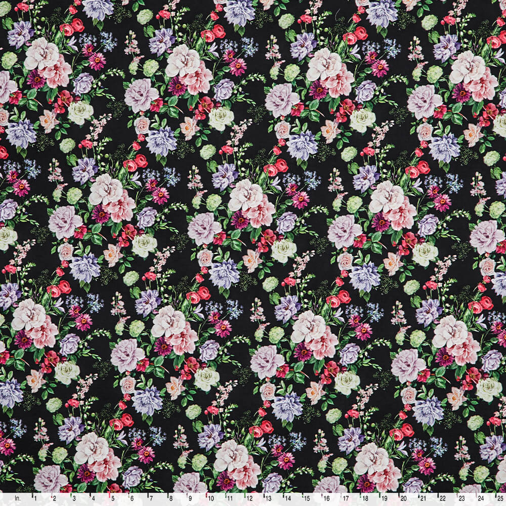 IC012 Poplin 100% Cotton Fabric Black / Mlt Miranda   Softened