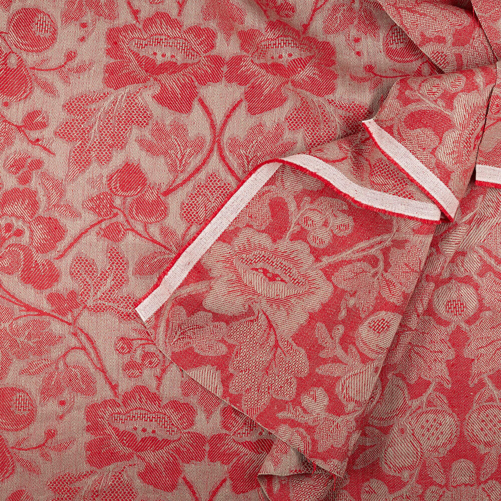 IL098 Jacquard 100% Linen Fabric Natural / Crimson - Loire Fs Signature Finish
