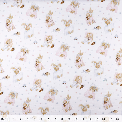 IC008 Muslin 100% Cotton Fabric White / Mlt Sleeping Rabbits Softened