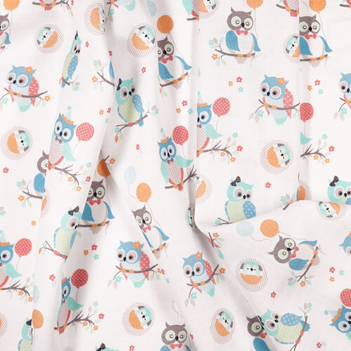 IC008 Muslin 100% Cotton Fabric Blue / White Owlets Softened
