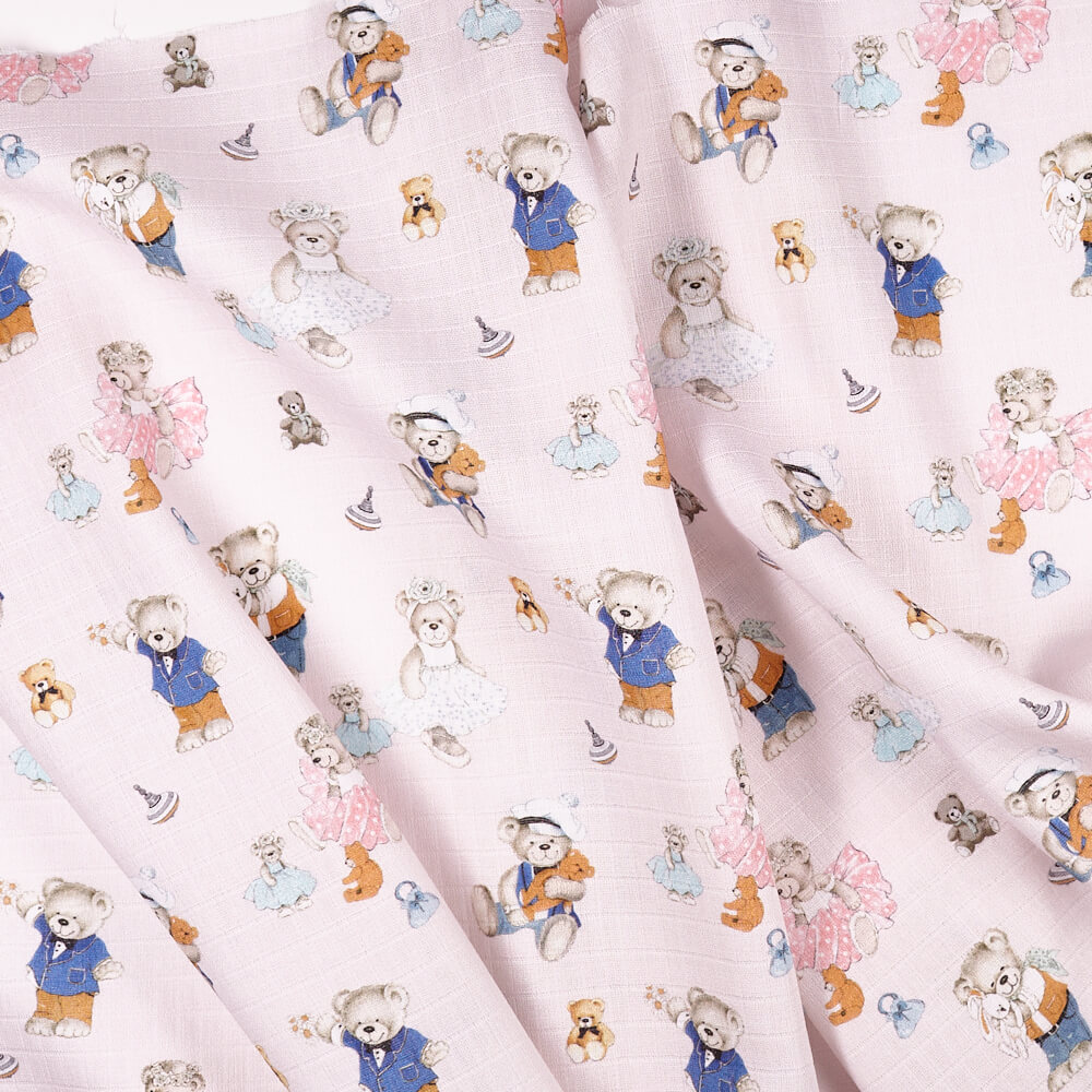 IC008 Muslin 100% Cotton Fabric Pink / Mlt Joyful Teddies Softened