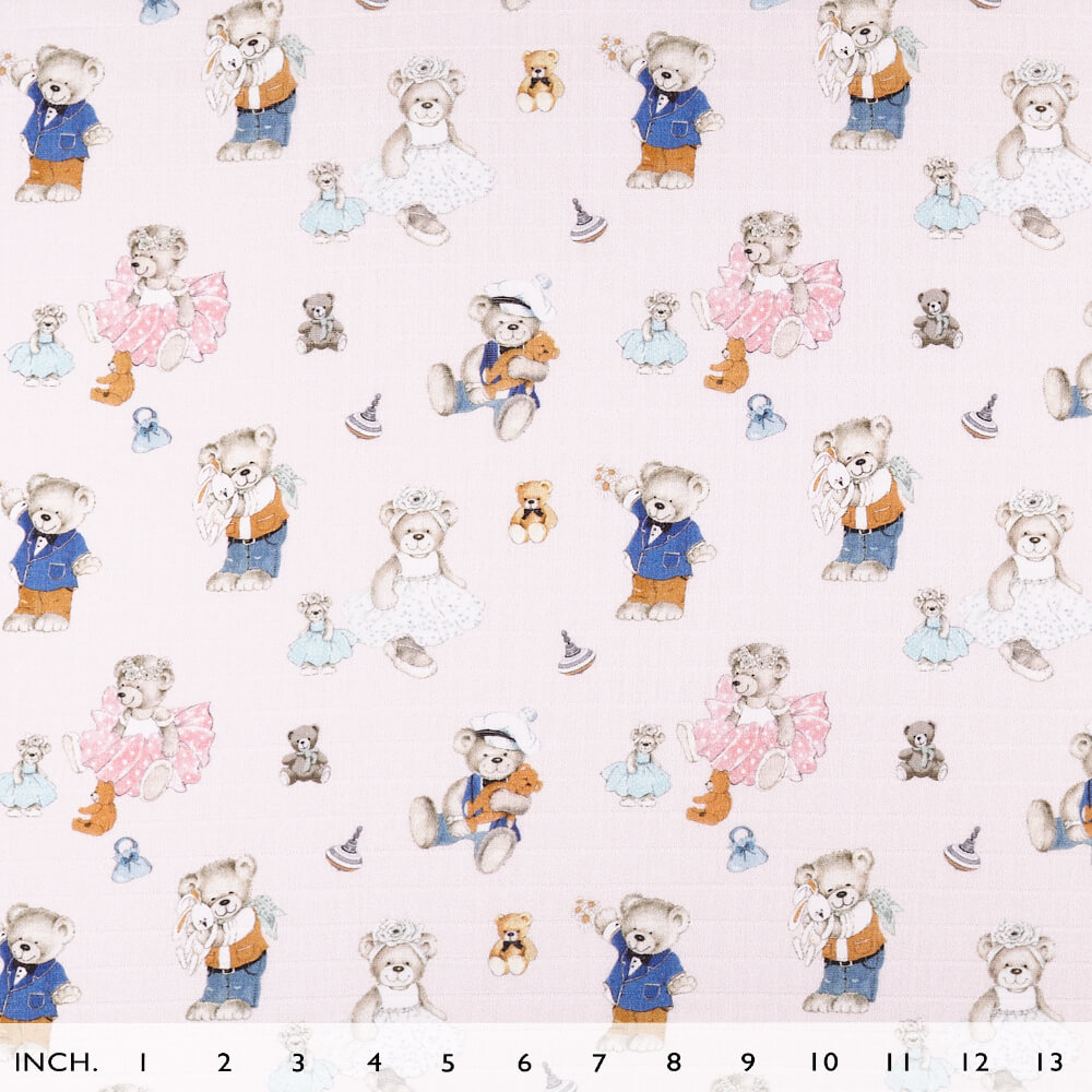 IC008 Muslin 100% Cotton Fabric Pink / Mlt Joyful Teddies Softened