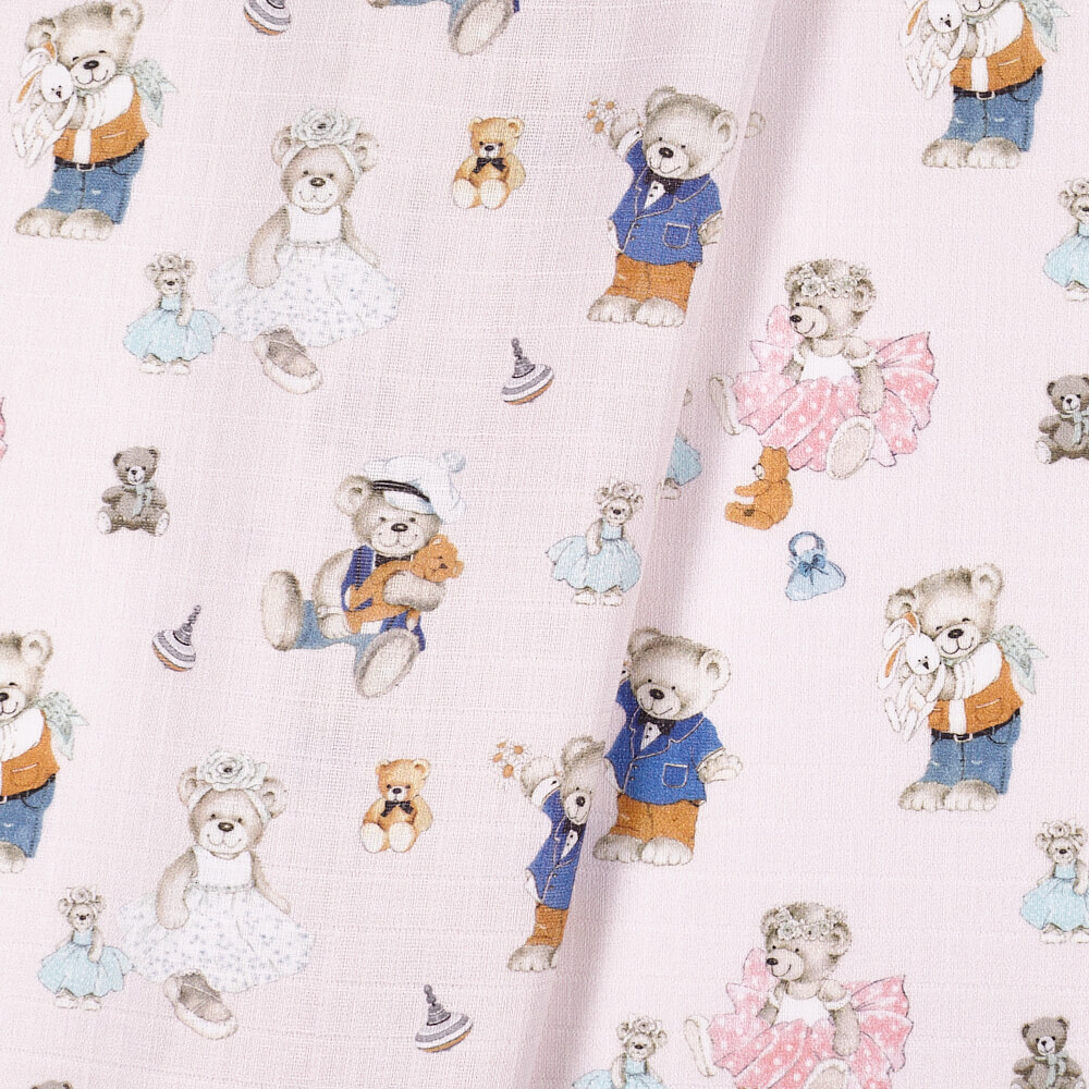IC008 Muslin 100% Cotton Fabric Pink / Mlt Joyful Teddies Softened