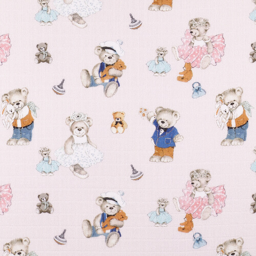 IC008 Muslin Pink / Mlt Joyful Teddies 100% Cotton Wholesale Fabric by the Bolt