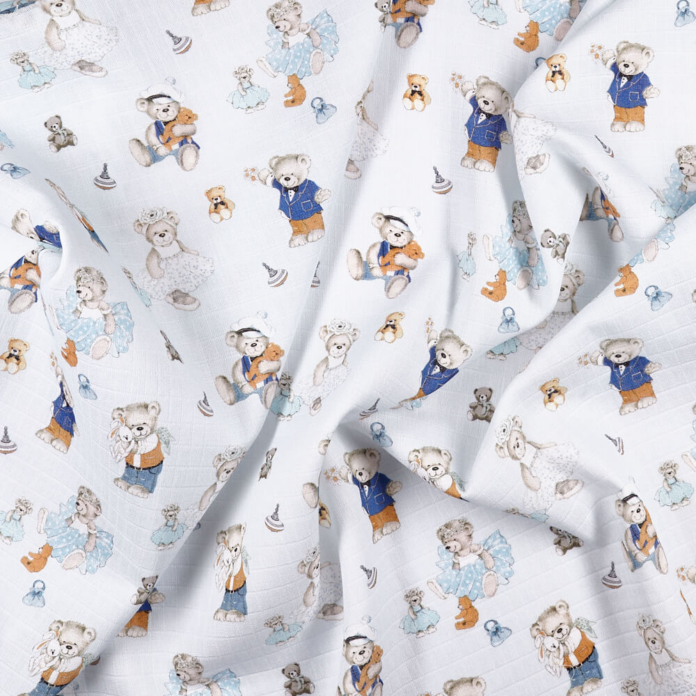 IC008 Muslin 100% Cotton Fabric Blue / Mlt Joyful Teddies Softened