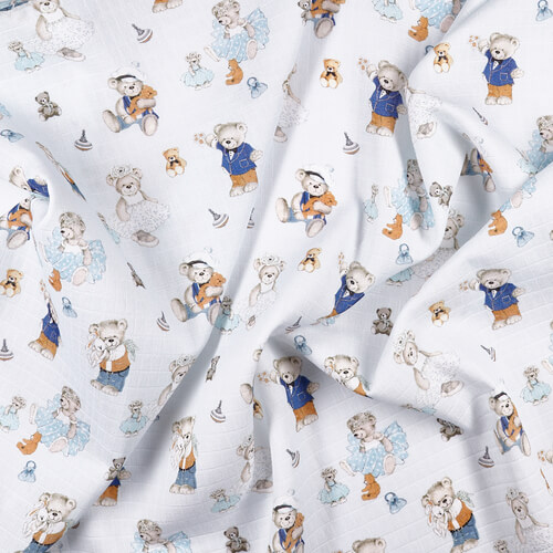 IC008 Muslin 100% Cotton Fabric Blue / Mlt Joyful Teddies Softened