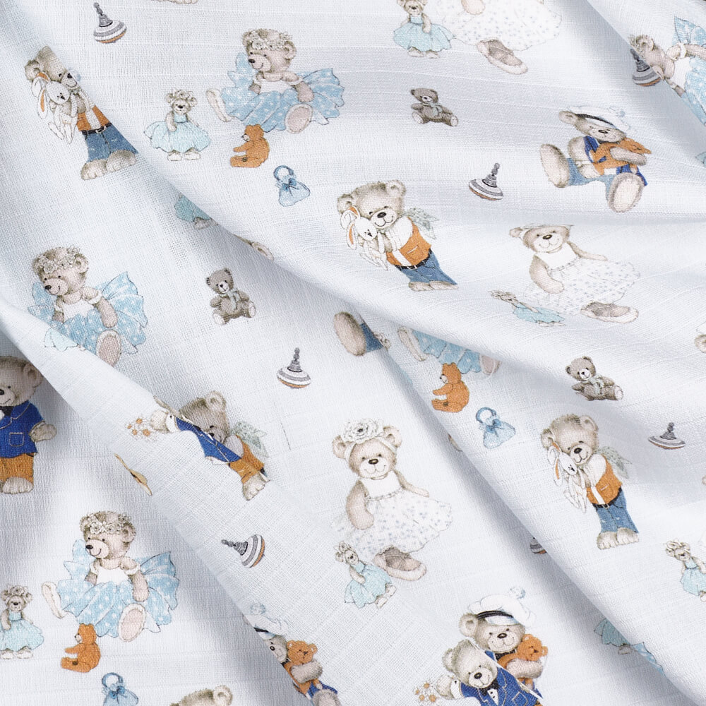 IC008 Muslin 100% Cotton Fabric Blue / Mlt Joyful Teddies Softened