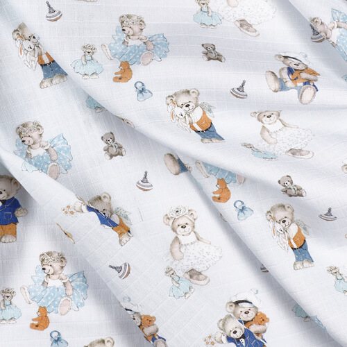 IC008 Muslin 100% Cotton Fabric Blue / Mlt Joyful Teddies Softened