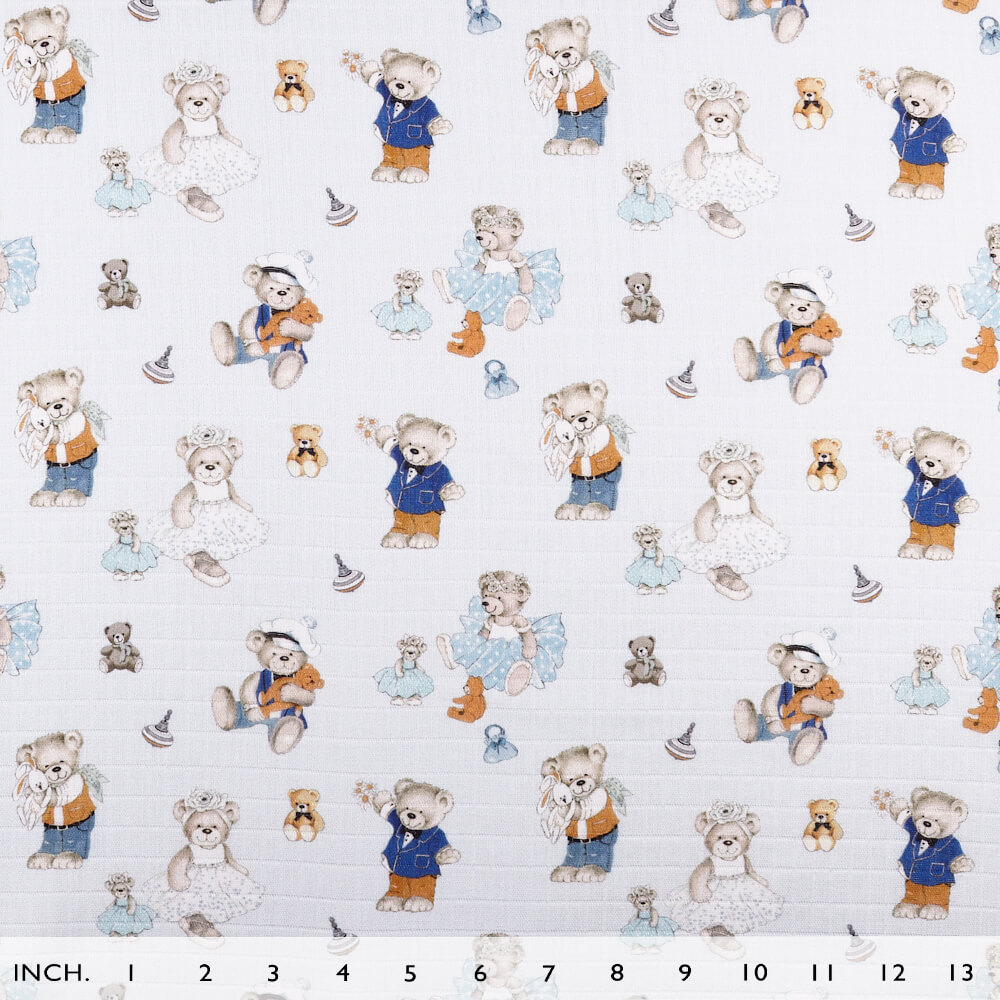 IC008 Muslin 100% Cotton Fabric Blue / Mlt Joyful Teddies Softened
