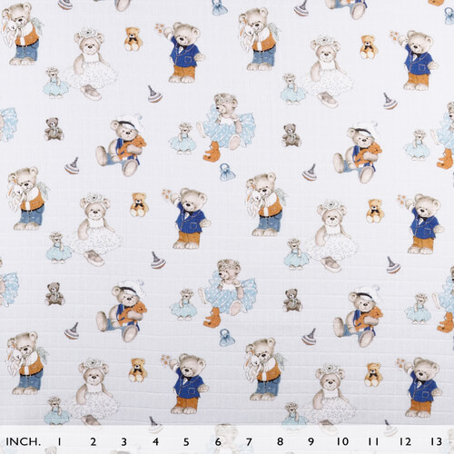 IC008 Muslin 100% Cotton Fabric Blue / Mlt Joyful Teddies Softened
