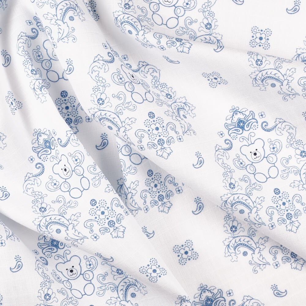 IC008 Muslin 100% Cotton Fabric White / Blue Teddy Bear Softened