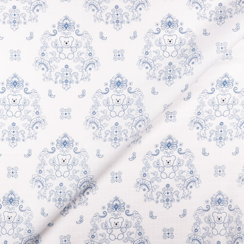 IC008 Muslin 100% Cotton Fabric White / Blue Teddy Bear Softened