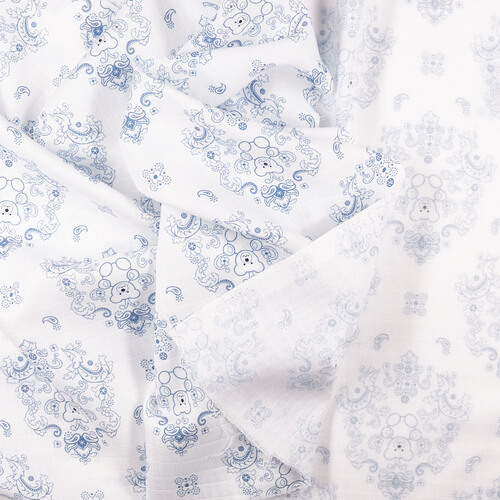 IC008 Muslin 100% Cotton Fabric White / Blue Teddy Bear Softened