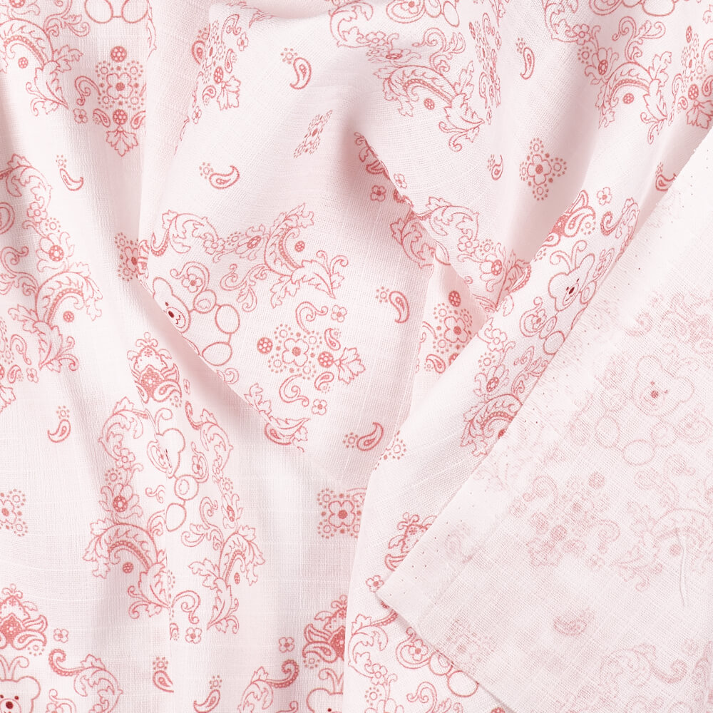 IC008 Muslin 100% Cotton Fabric White / Pink Teddy Bear Softened