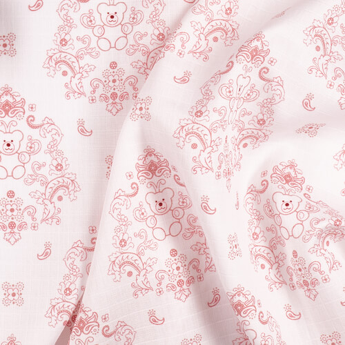 IC008 Muslin 100% Cotton Fabric White / Pink Teddy Bear Softened