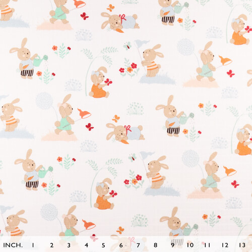IC008 Muslin 100% Cotton Fabric White / Mlt Rabbits In Garden Softened