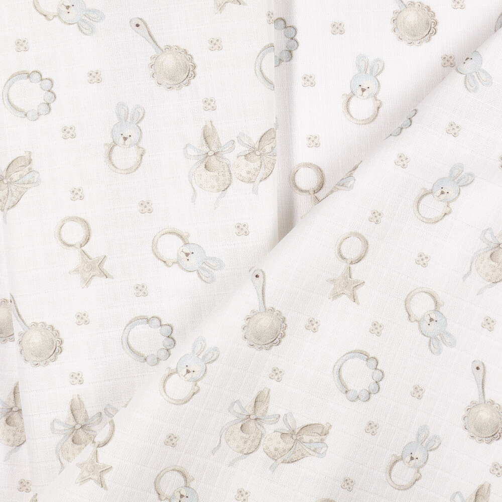 IC008 Muslin 100% Cotton Fabric White / Blue Baby Rattle Softened