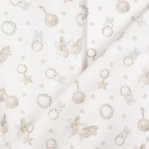 IC008 Muslin 100% Cotton Fabric White / Blue Baby Rattle Softened