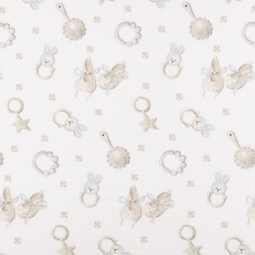 IC008 Muslin White / Blue Baby Rattle 100% Cotton Wholesale Fabric by the Bolt