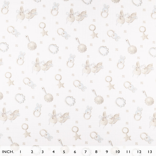 IC008 Muslin 100% Cotton Fabric White / Blue Baby Rattle Softened