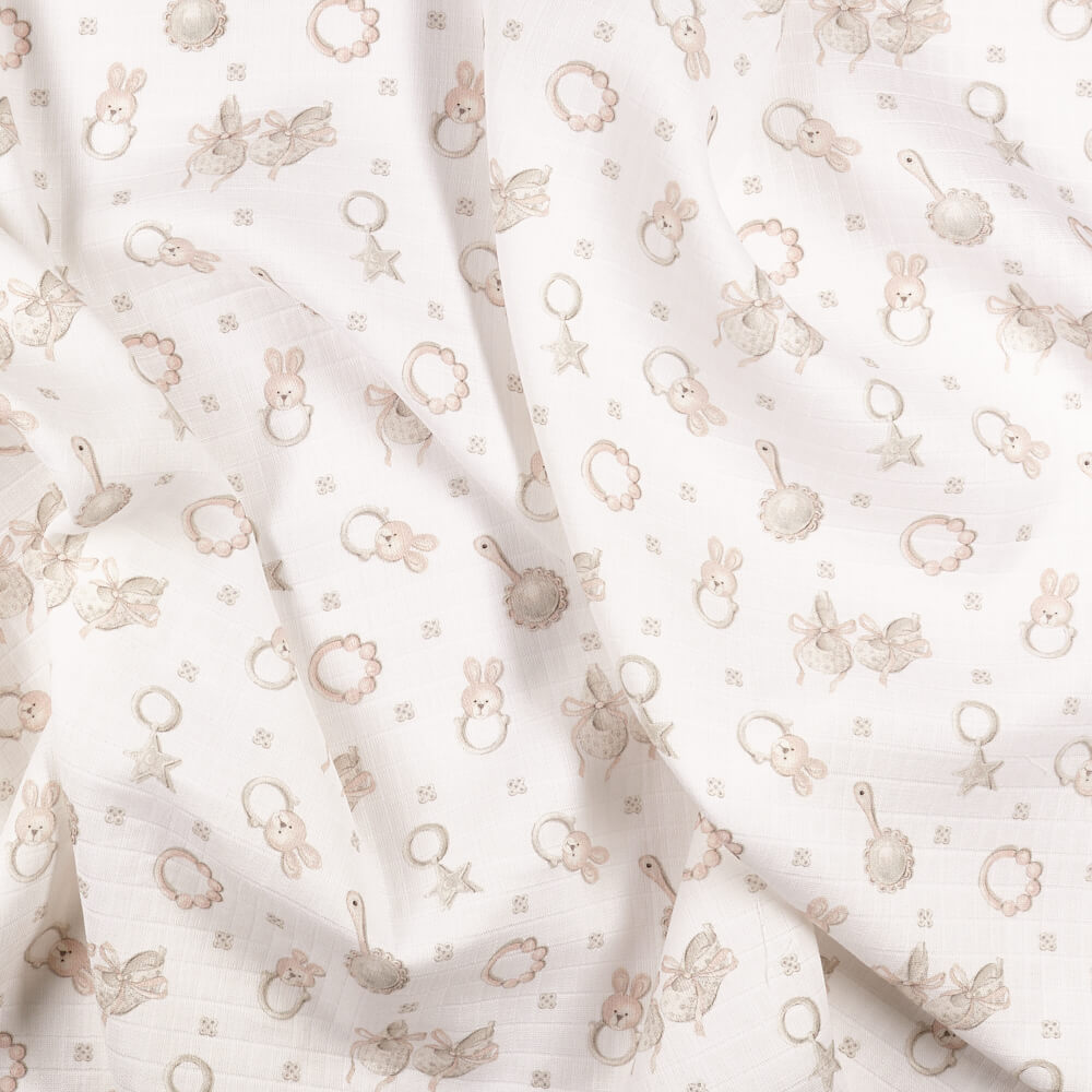 IC008 Muslin White / Pink Baby Rattle 100% Cotton Fabric