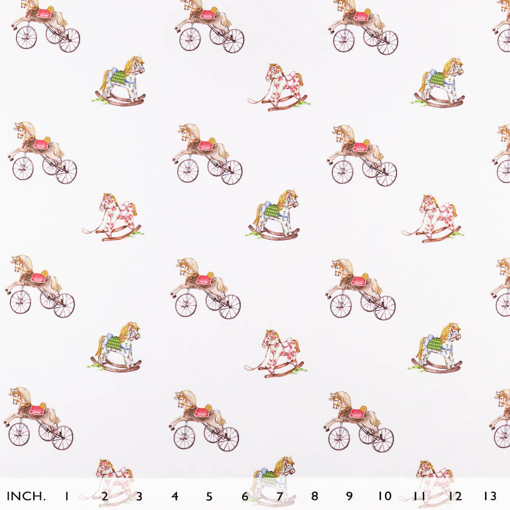 IC005 Percale 100% Cotton Fabric White / Mlt Horses Softened