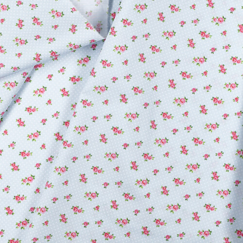 IC005 Percale 100% Cotton Fabric Blue / Mlt Baby Roses Softened