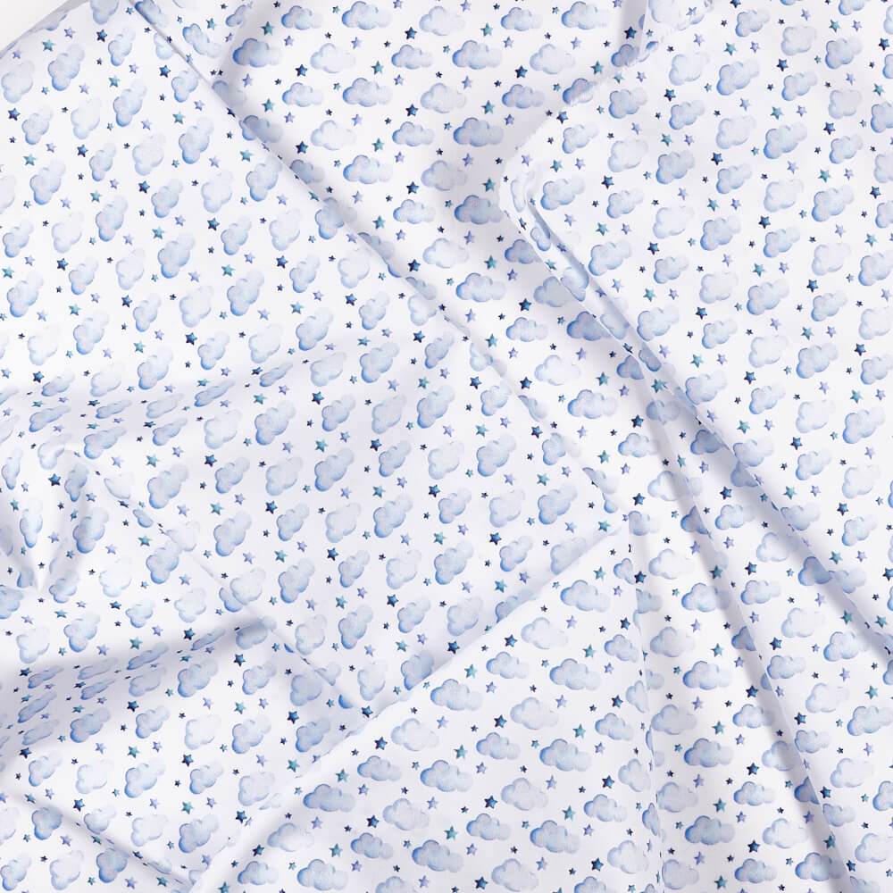 IC005 Percale 100% Cotton Fabric White / Blue Clouds Softened