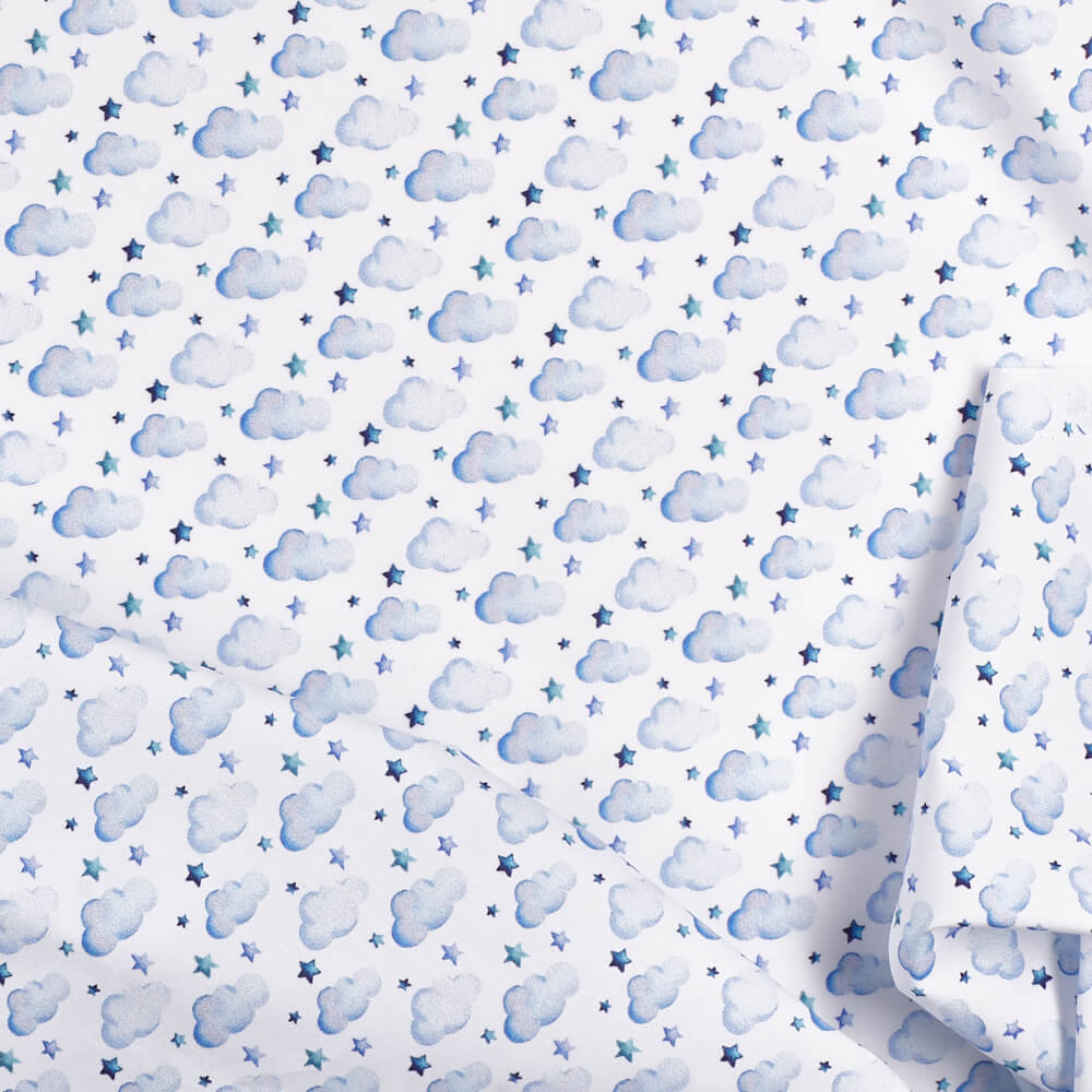IC005 Percale 100% Cotton Fabric White / Blue Clouds Softened