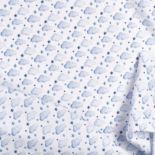 IC005 Percale 100% Cotton Fabric White / Blue Clouds Softened