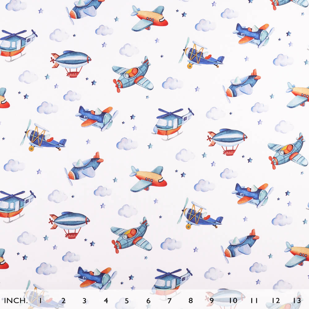 IC005 Percale 100% Cotton Fabric White / Mlt Airplanes Softened