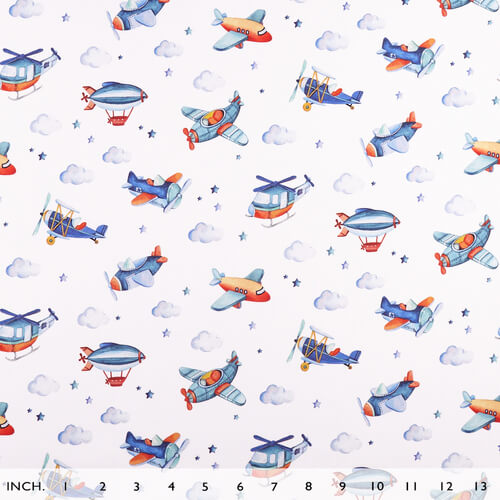 IC005 Percale 100% Cotton Fabric White / Mlt Airplanes Softened