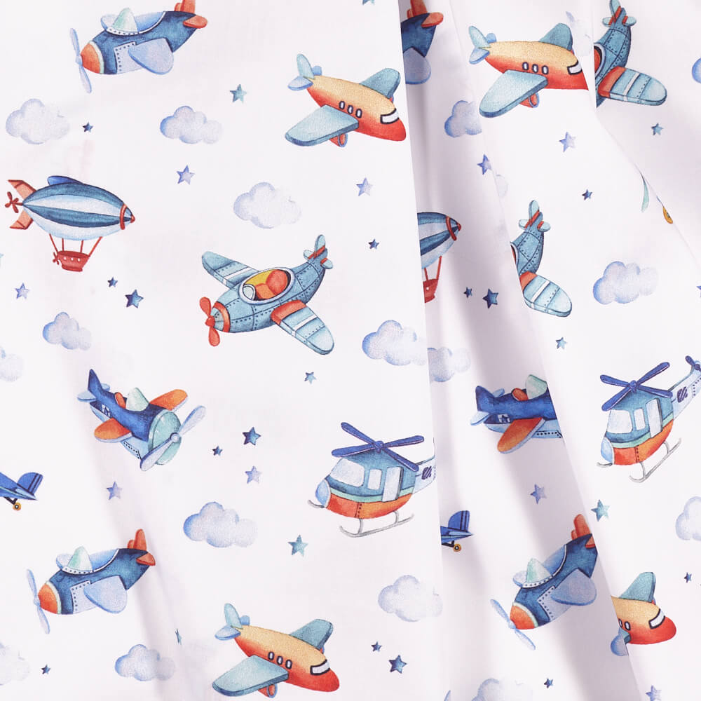 IC005 Percale 100% Cotton Fabric White / Mlt Airplanes Softened