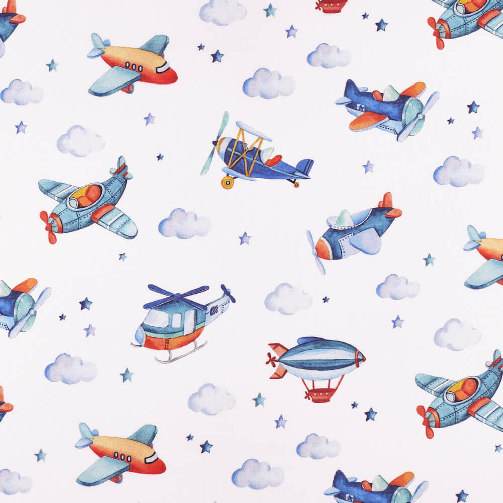 IC005 Percale 100% Cotton Fabric White / Mlt Airplanes Softened