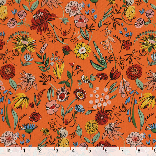 IC023 Faille 100% Cotton Fabric Orange / Mlt Pablo Flowers Softened