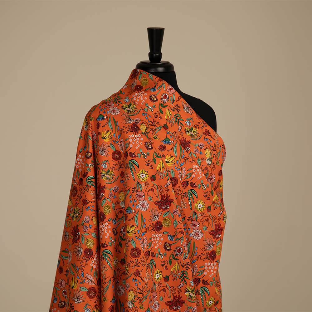 IC023 Faille 100% Cotton Fabric Orange / Mlt Pablo Flowers Softened