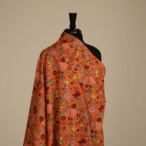 IC023 Faille 100% Cotton Fabric Orange / Mlt Pablo Flowers Softened