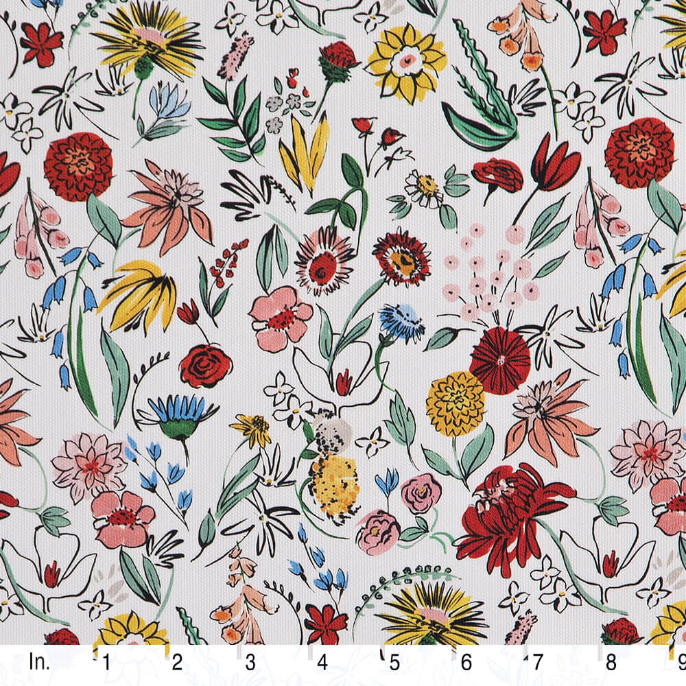 IC023 Faille 100% Cotton Fabric White / Mlt Pablo Flowers Softened