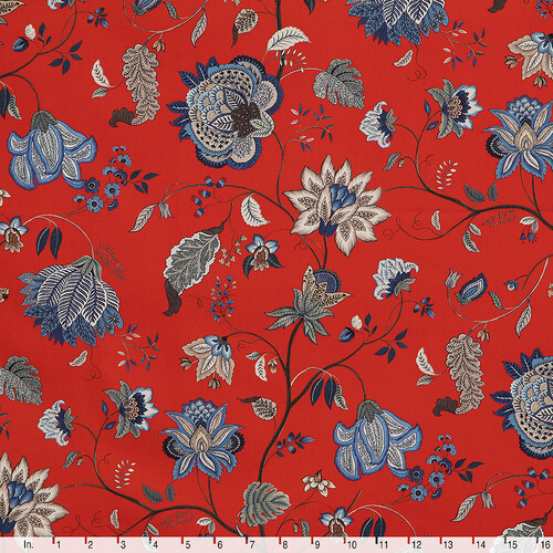 IC023 Faille 100% Cotton Fabric Red / Mlt Jacobean Jewelry Softened