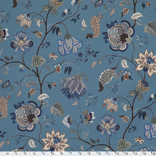 IC023 Faille 100% Cotton Fabric Blue / Mlt Jacobean Jewelry Softened