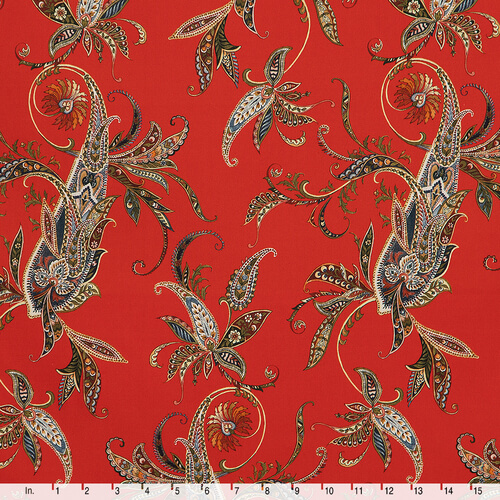 IC023 Faille 100% Cotton Fabric Red / Mlt Paisley Serge Softened